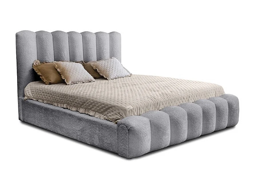 Cama con canapé BADJA – Tela Bouclé Perla de Amanecer – 160x200 cm – Somier elevable – Diseño de alta gama