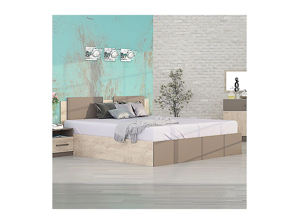 Letto matrimoniale moderno 160x200 cm rovere chiaro e beige scuro LG47