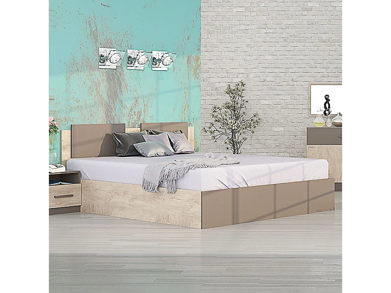 Letto matrimoniale moderno 160x200 cm rovere chiaro e beige scuro LG47