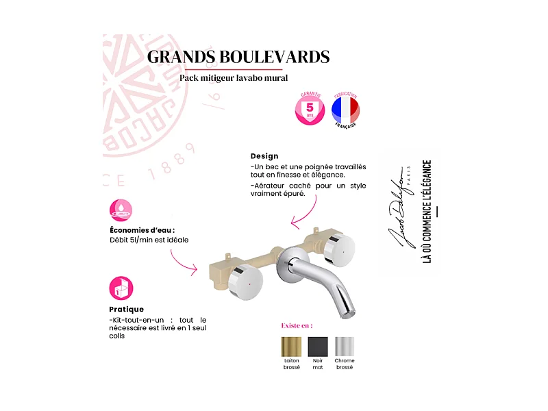 Pack mitigeur lavabo encastré 3 trous JACOB DELAFON Grands Boulevards noir mat avec mécanisme complet