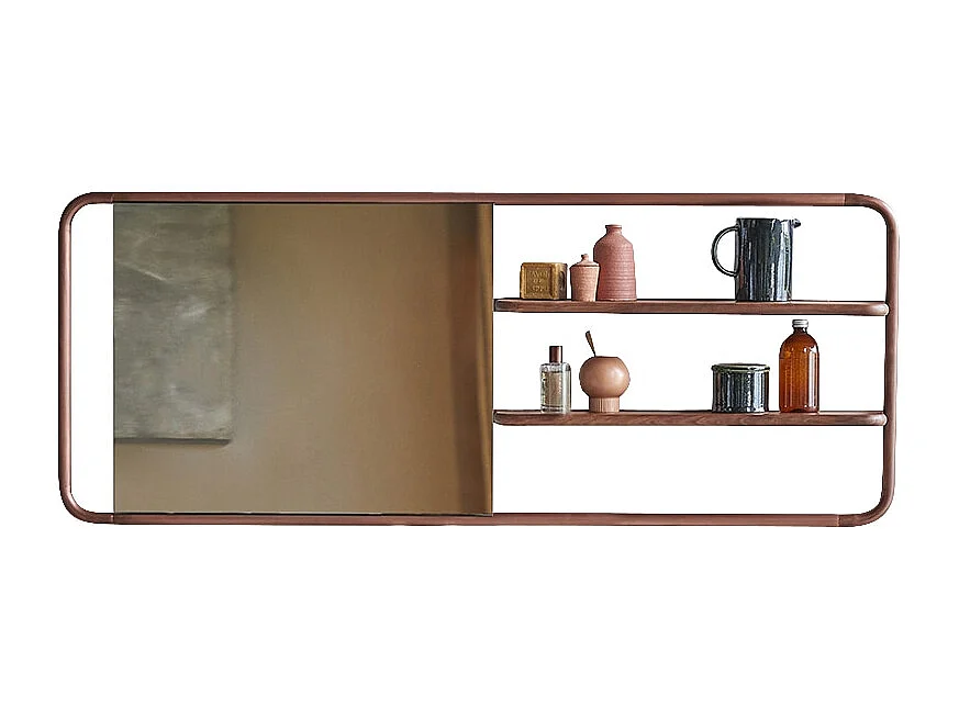 Spiegelregal Félicie aus Nussbaumholz und Messing