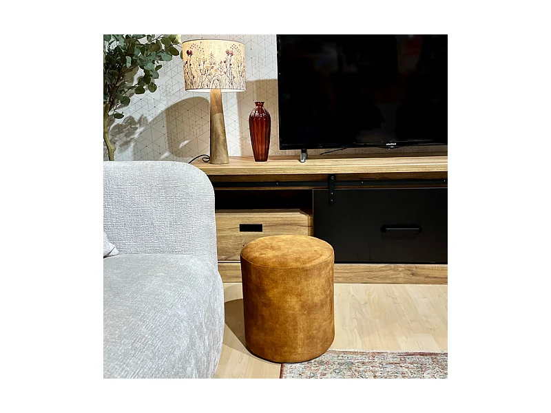 Pouf / Repose-pieds rond D. 32 cm en velours jaune moutarde – JOEL