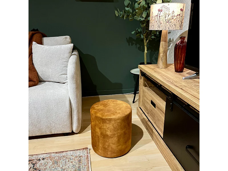 Pouf / Repose-pieds rond D. 32 cm en velours jaune moutarde – JOEL