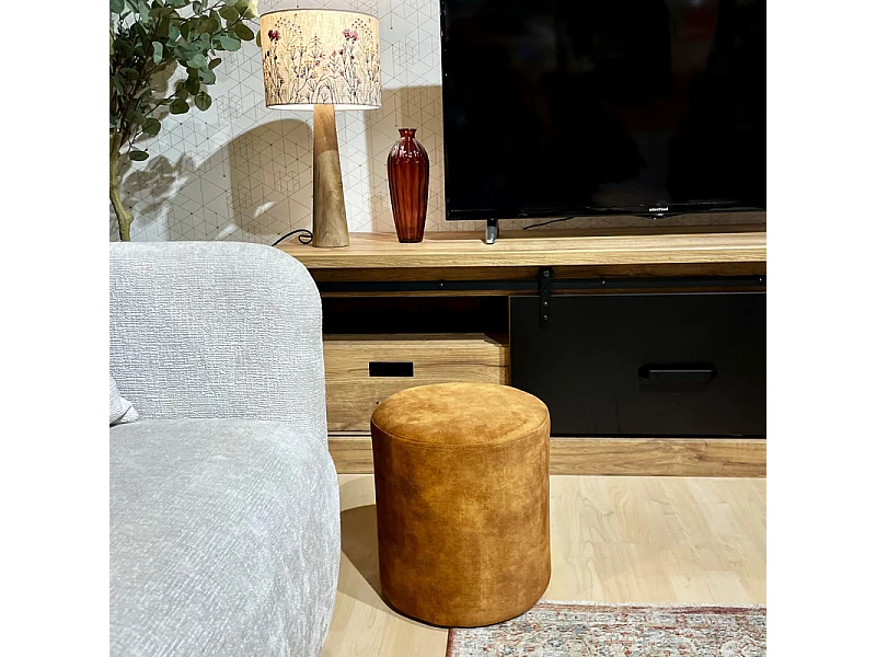 Pouf / Repose-pieds rond D. 32 cm en velours jaune moutarde – JOEL