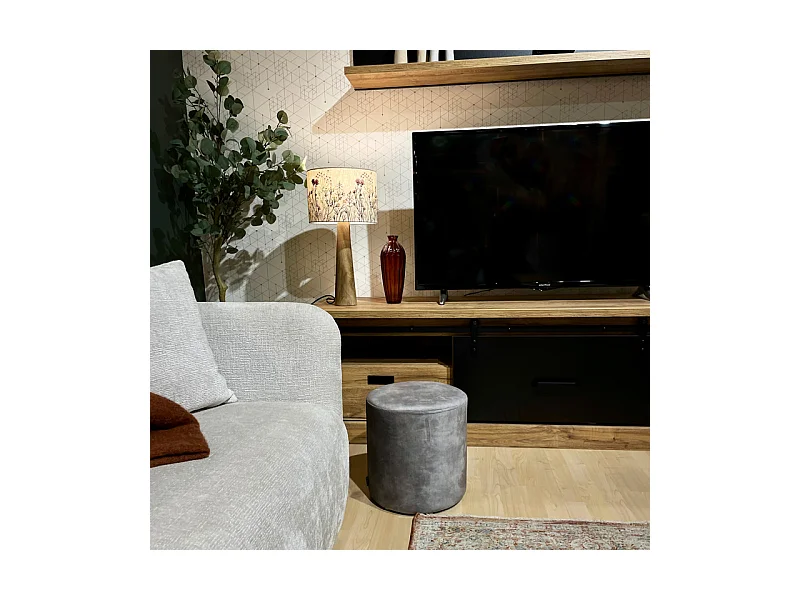 Pouf / Repose-pieds rond D. 32 cm en velours gris clair – JOEL