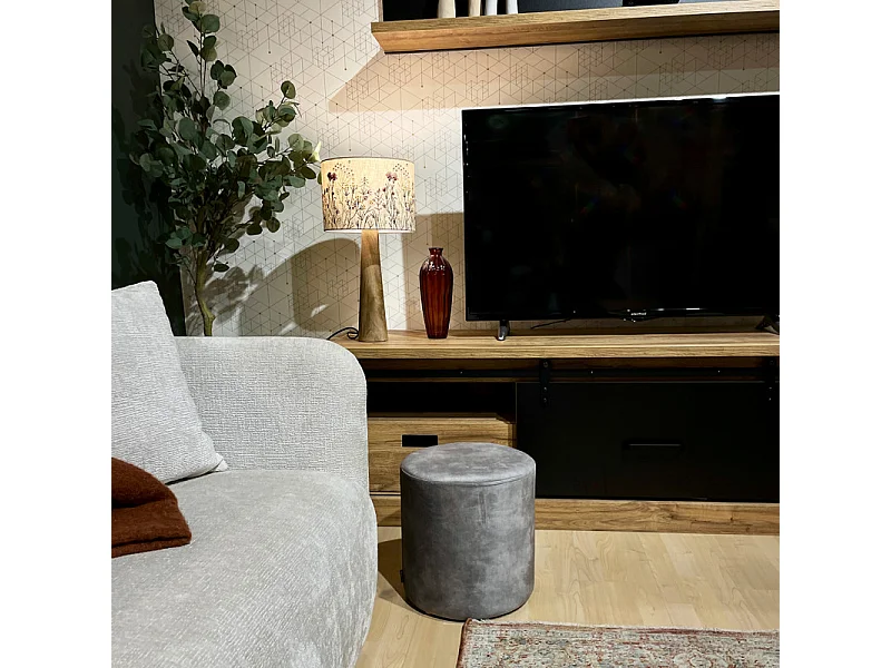 Pouf / Repose-pieds rond D. 32 cm en velours gris clair – JOEL