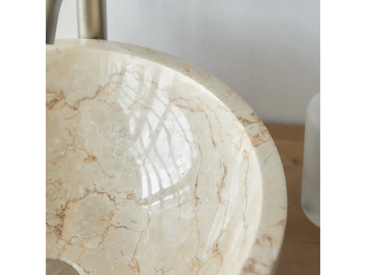 Waschbecken Aufsatzwaschbecken aus Marmor hell creme poliert rund