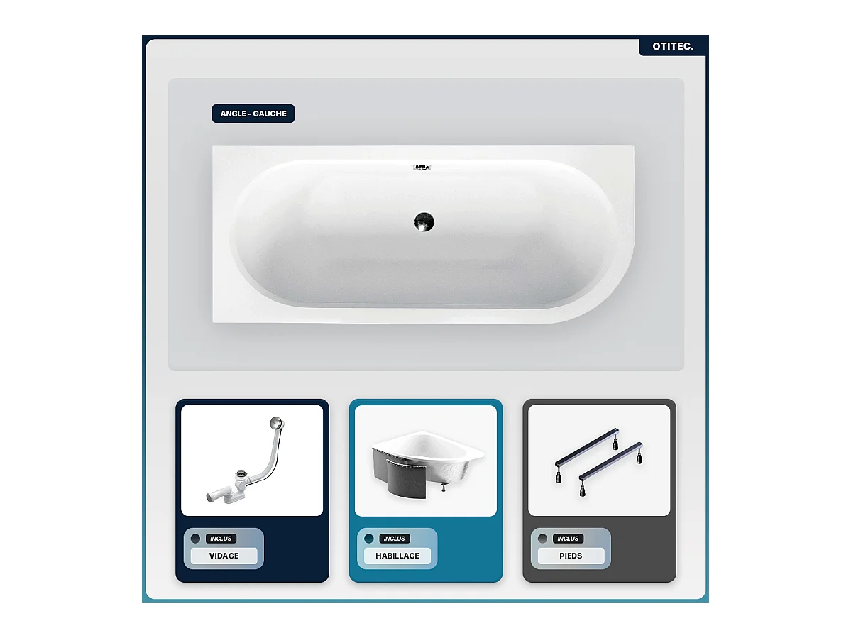 Baignoire asymétrique - 150 x 75 cm - Gauche - avec Habillage - Pieds - Vidage Chrome - AVITA