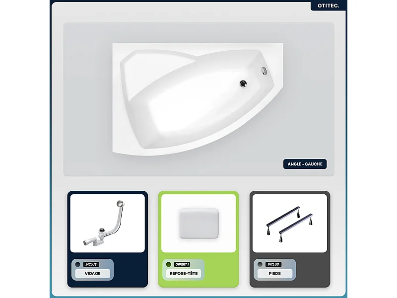Baignoire asymétrique - 140 x 90 cm - Gauche - sans Habillage - avec Pieds - Repose-tête - Vidage Chrome - RIMA