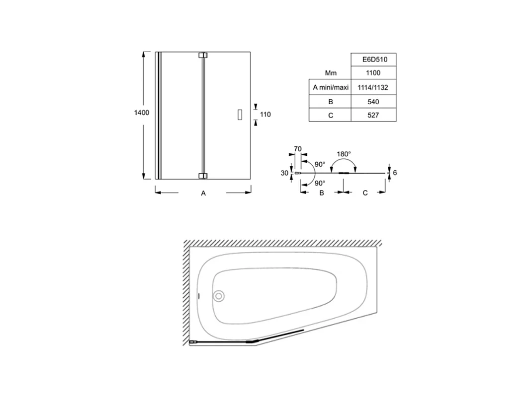 Baignoire bain douche 170 x 90 JACOB DELAFON Bastille vidage à gauche blanc brillant + tablier en angle + pare-bain chromé