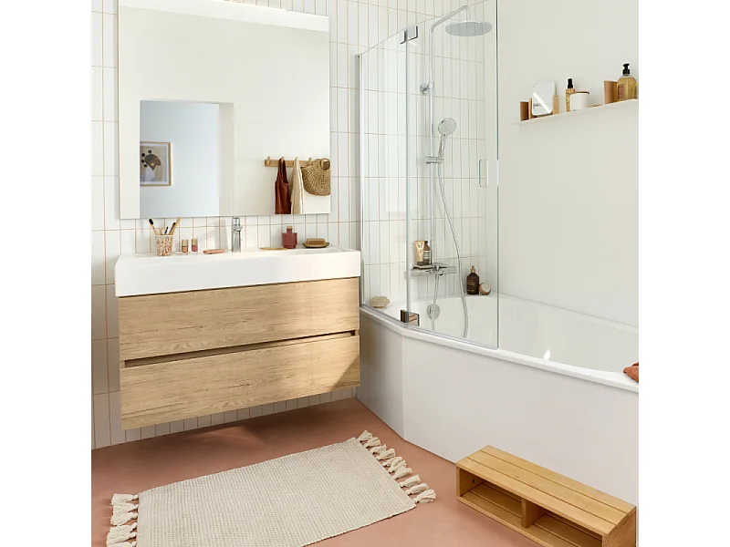 Baignoire bain douche 170 x 90 JACOB DELAFON Bastille vidage à gauche blanc brillant + tablier en angle + pare-bain chromé