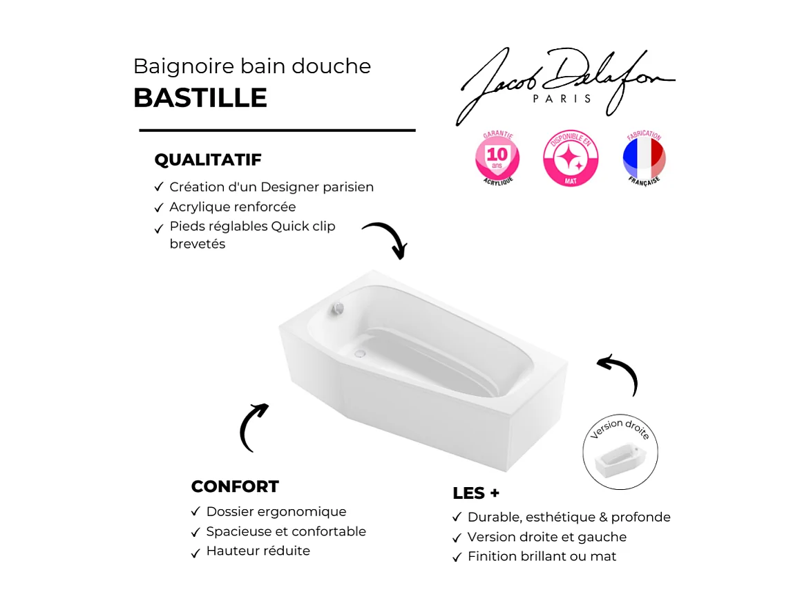Baignoire bain douche 170 x 90 JACOB DELAFON Bastille vidage à gauche blanc brillant + tablier en angle + pare-bain chromé