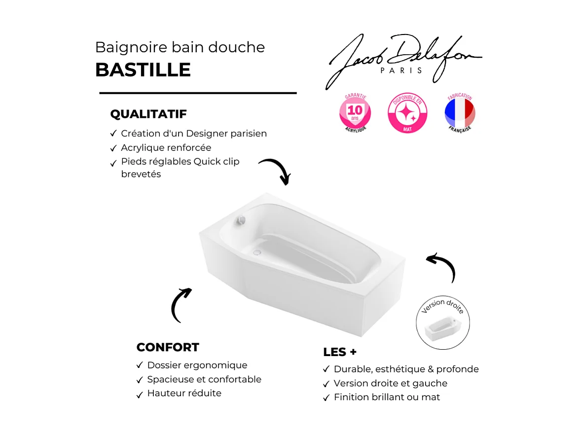 Baignoire bain douche 170 x 90 JACOB DELAFON Bastille vidage à gauche blanc brillant + tablier en angle + pare-bain chromé