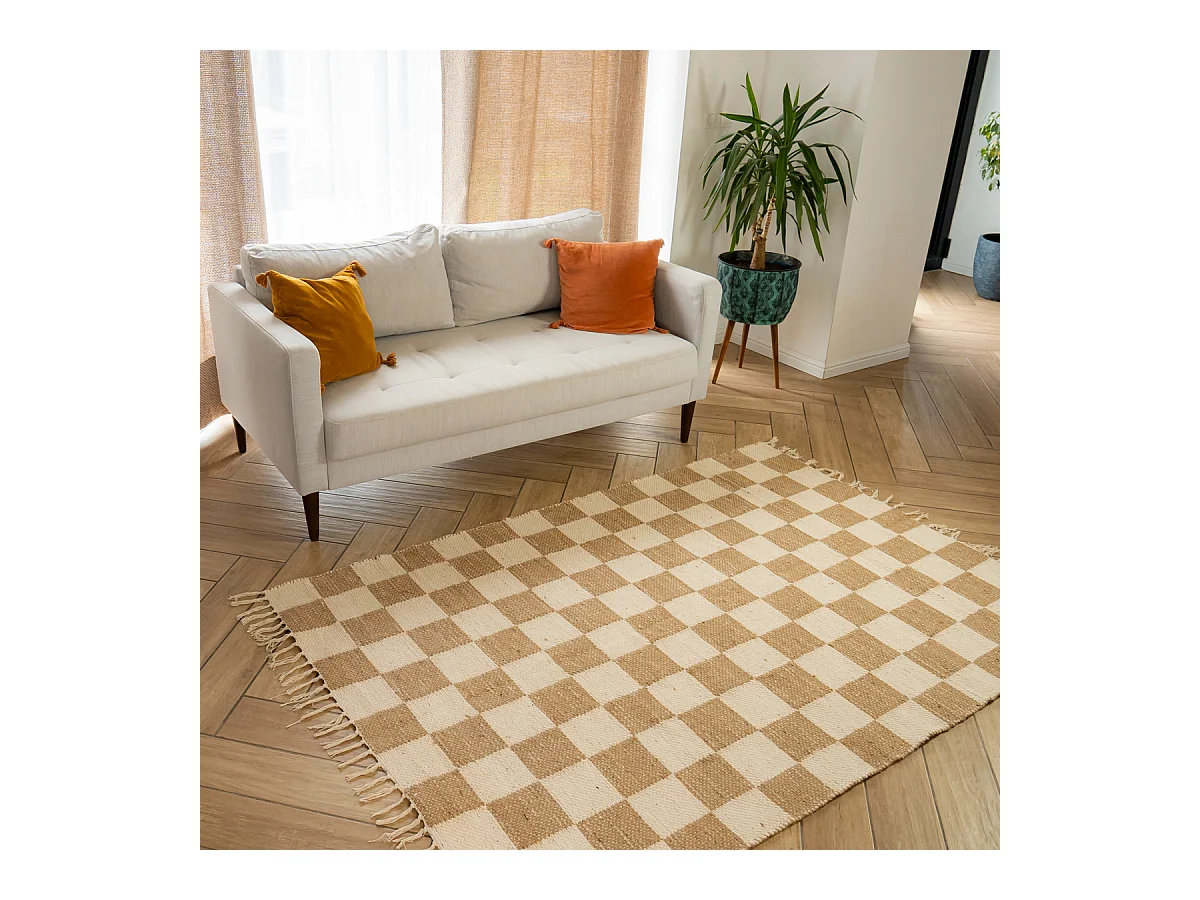 Tapis déco damier à franges en coton et jute 140x200cm