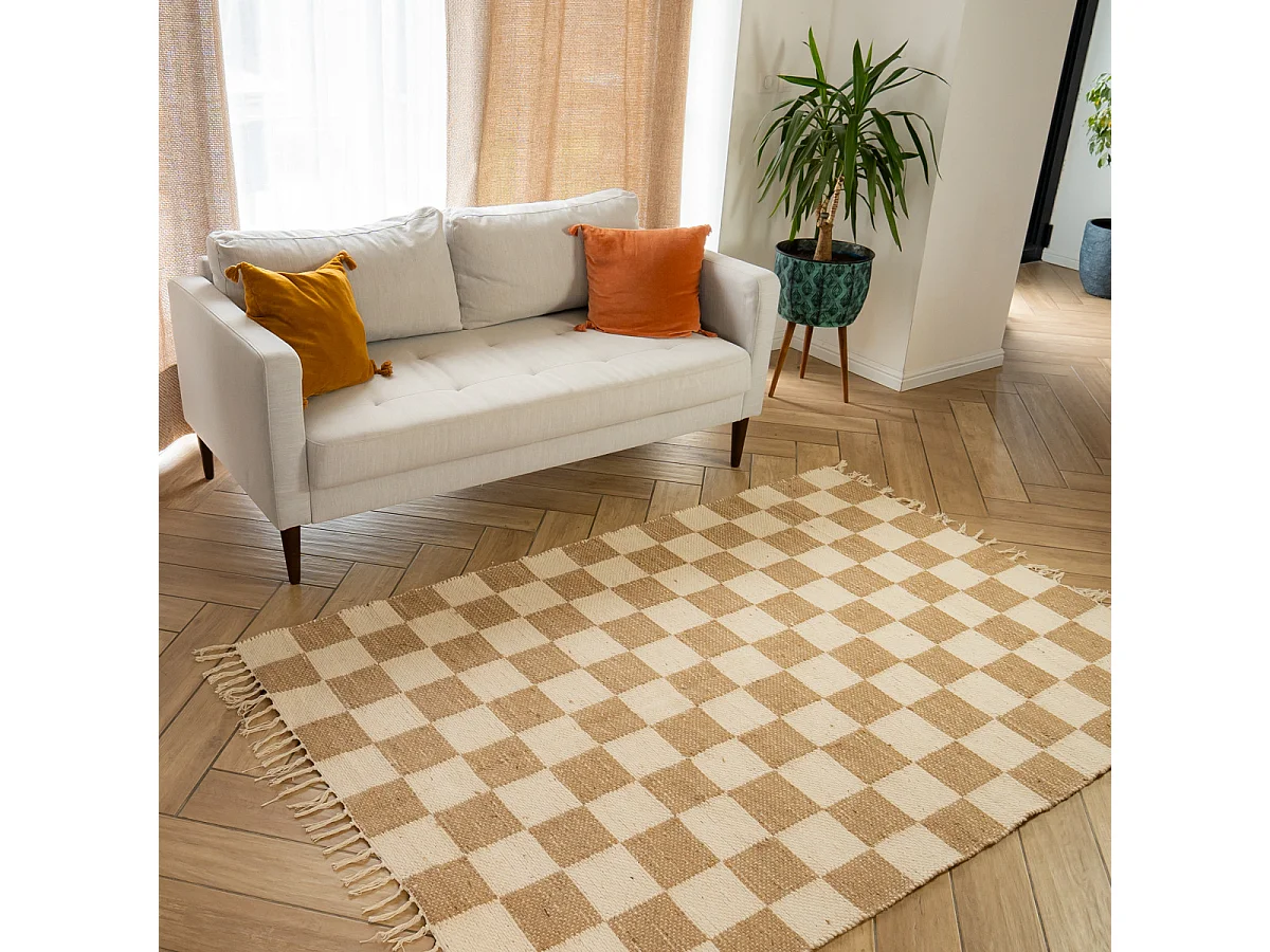 Tapis déco damier à franges en coton et jute 140x200cm