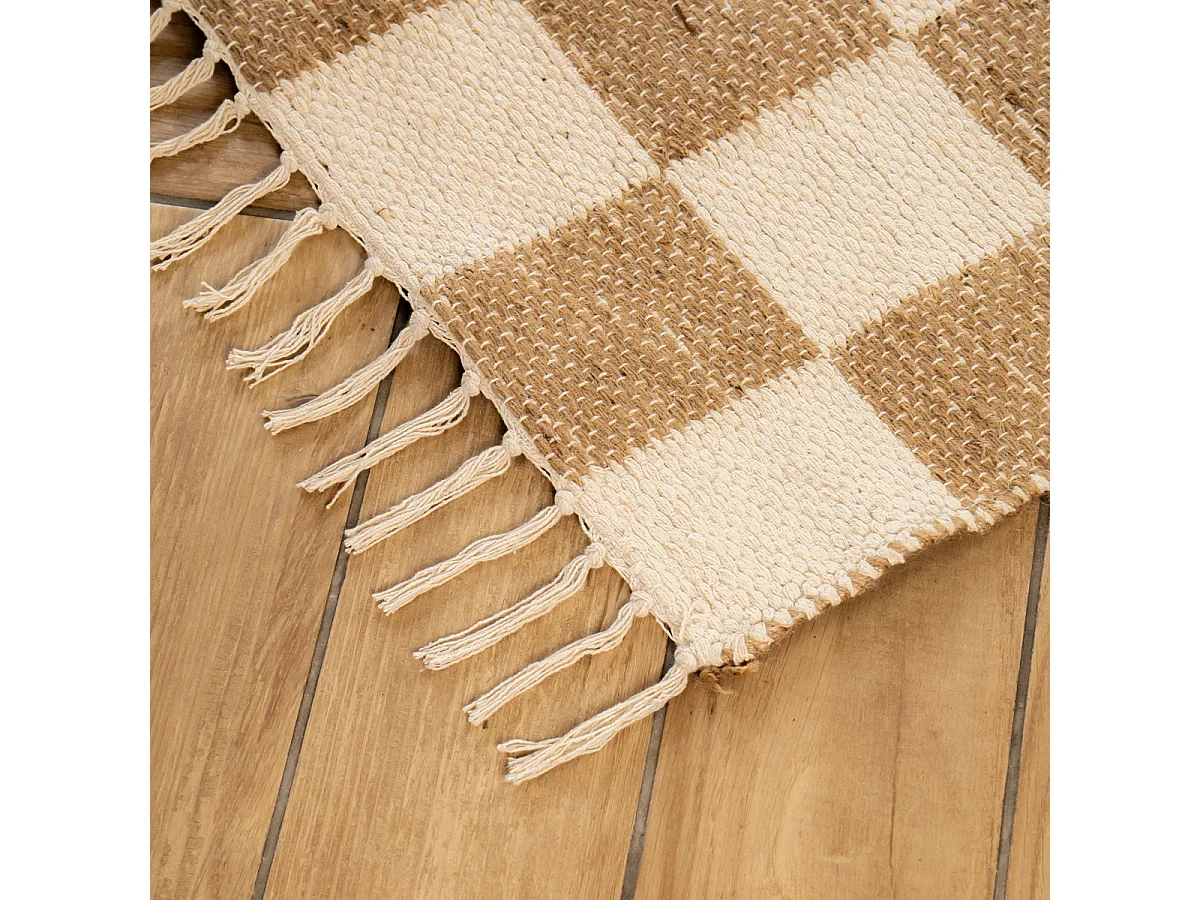 Tapis déco damier à franges en coton et jute 140x200cm