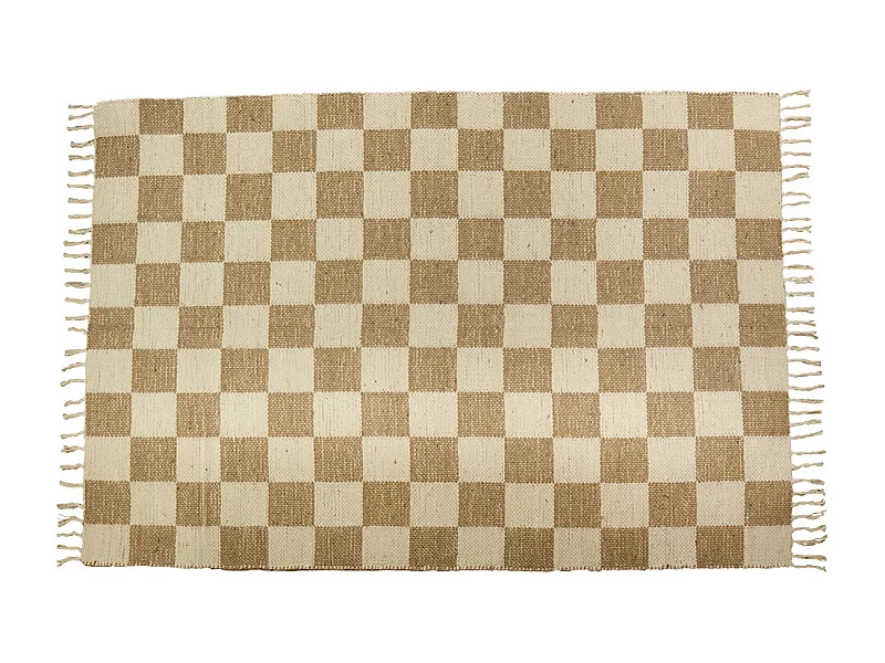 Tapis déco damier à franges en coton et jute 140x200cm