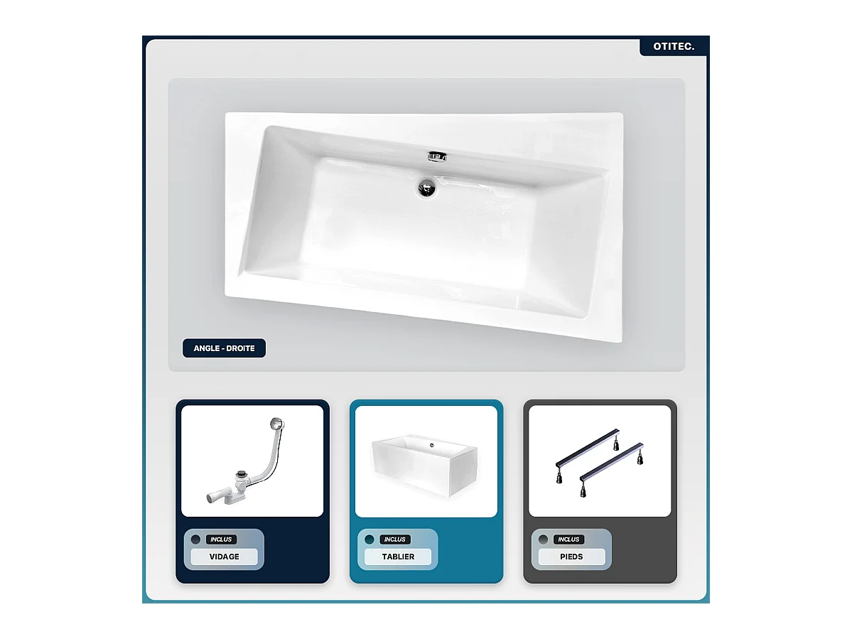 Baignoire asymétrique - 150 x 90 cm - Droite - avec Tablier Blanc - Pieds - Vidage Chrome - INFINITY