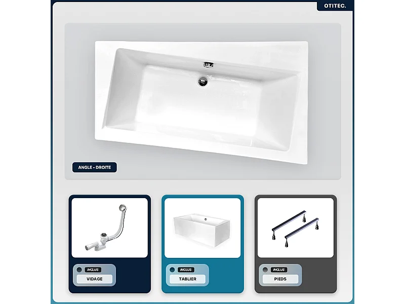 Baignoire asymétrique - 150 x 90 cm - Droite - avec Tablier Blanc - Pieds - Vidage Chrome - INFINITY