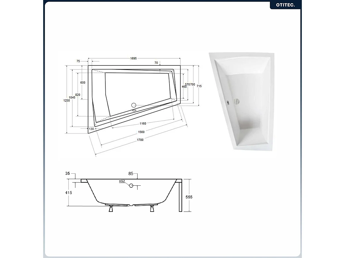 Baignoire asymétrique - 170 x 125 cm - Gauche - sans Habillage - avec Pieds - Étagère bambou - Vidage Chrome - INTIMA DUO
