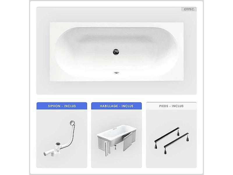 Baignoire rectangulaire - 150 x 75 cm - avec Habillage - Pieds - Vidage Chrome - VITAE SLIM