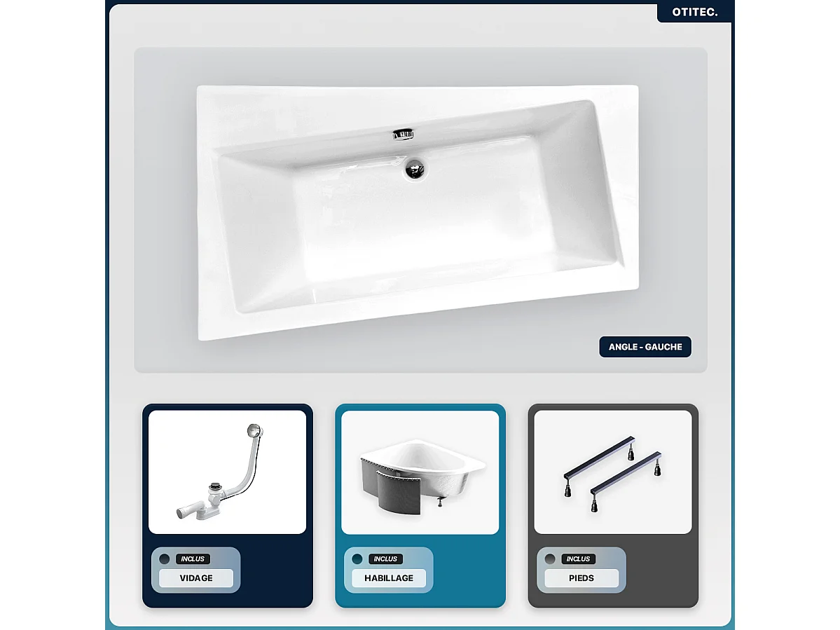 Baignoire asymétrique - 150 x 90 cm - Gauche - avec Habillage - Pieds - Vidage Chrome - INFINITY