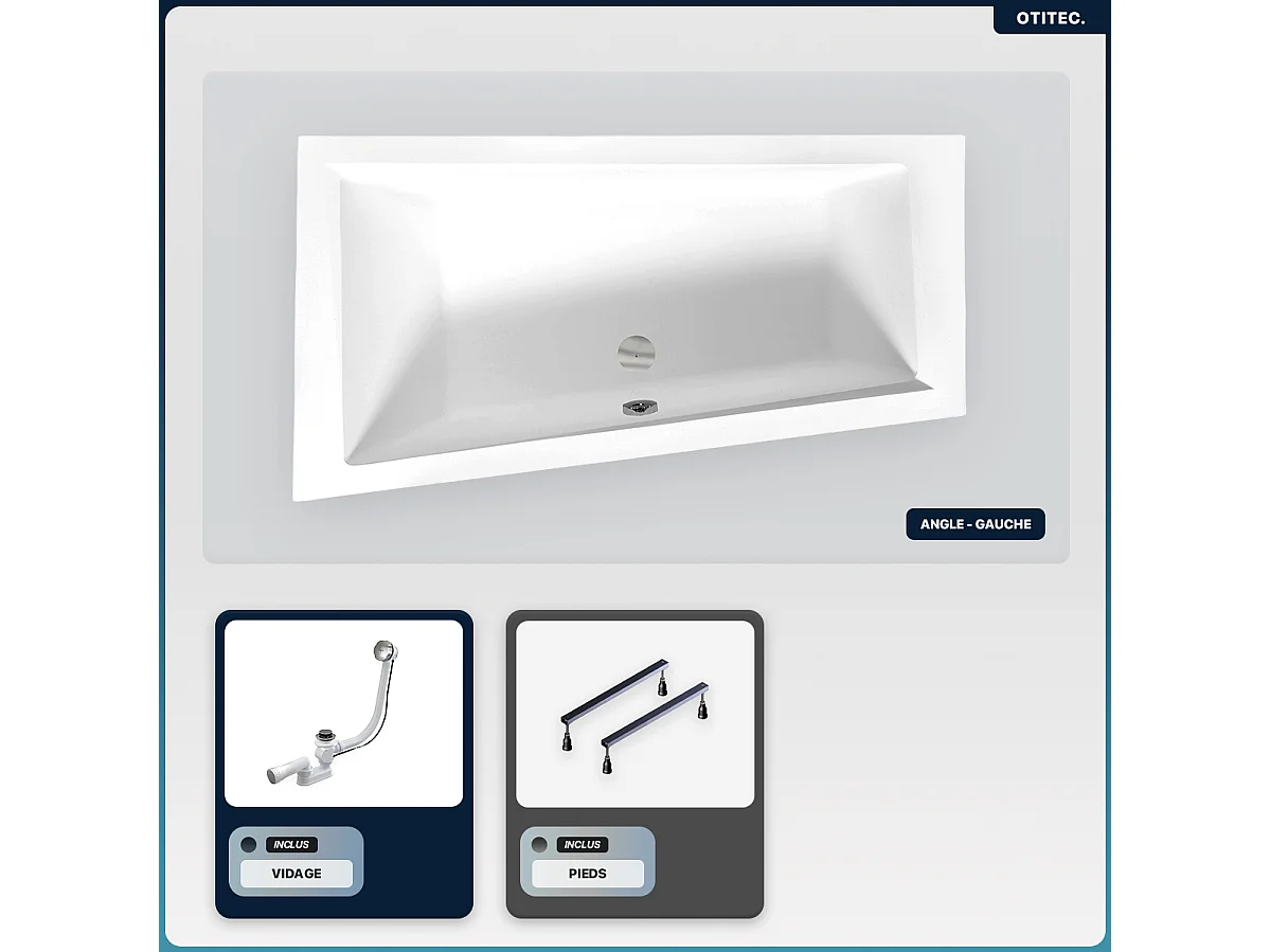 Baignoire asymétrique - 160 x 90 cm - Gauche - sans Habillage - avec Pieds - Vidage Chrome - INTIMA