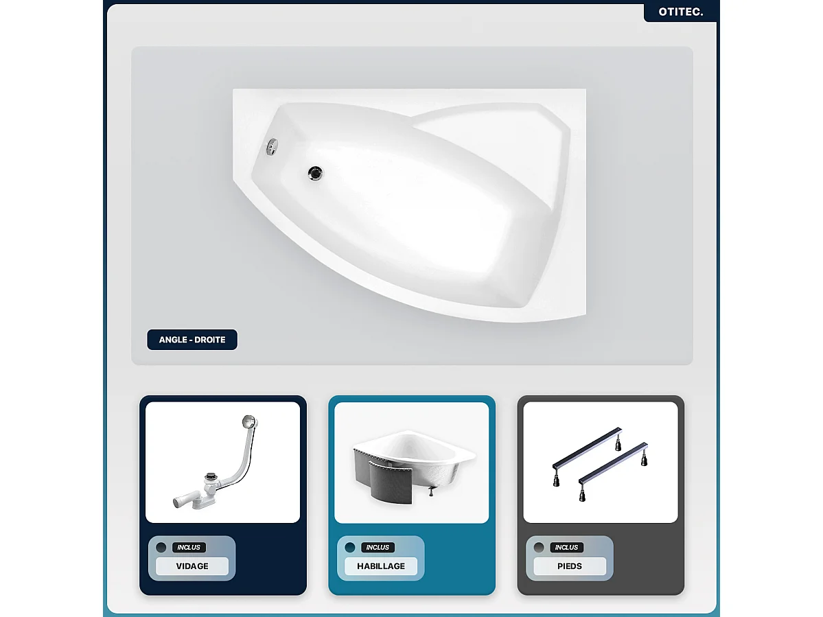 Baignoire asymétrique - 130 x 85 cm - Droite - avec Habillage - Pieds - Vidage Chrome - RIMA