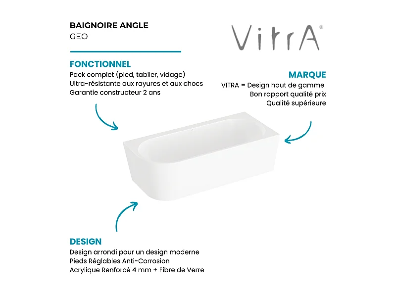 Baignoire murale angle à droite VITRA Geo 180x80 + pieds + siphon caché