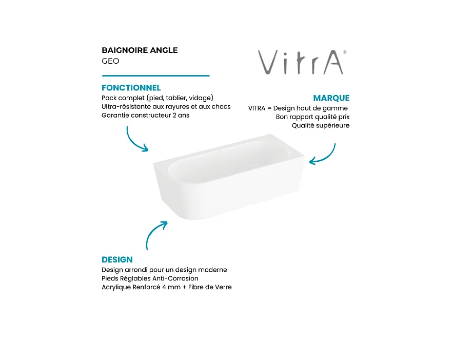 Baignoire murale angle à droite VITRA Geo 180x80 + pieds + siphon caché