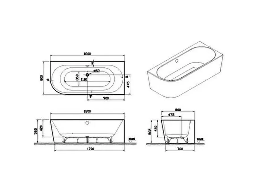 Baignoire murale angle à droite VITRA Geo 180x80 + pieds + siphon caché