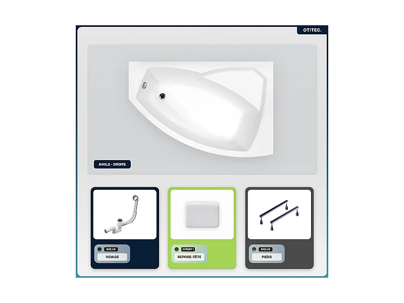 Baignoire asymétrique - 160 x 100 cm - Droite - sans Habillage - avec Pieds - Repose-tête - Vidage Chrome - RIMA