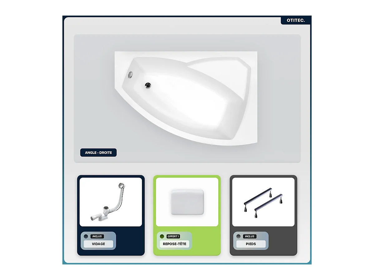 Baignoire asymétrique - 160 x 100 cm - Droite - sans Habillage - avec Pieds - Repose-tête - Vidage Chrome - RIMA