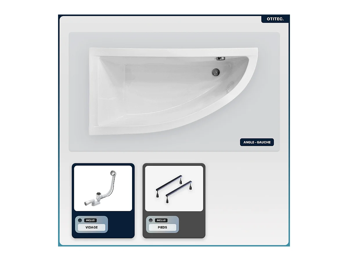 Baignoire asymétrique - 140 x 70 cm - Gauche - sans Habillage - avec Pieds - Vidage Chrome - PRAKTIKA