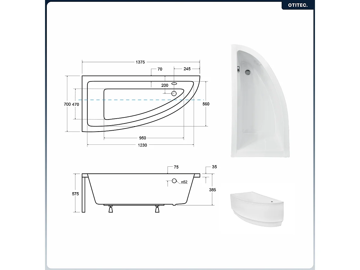 Baignoire asymétrique - 140 x 70 cm - Gauche - sans Habillage - avec Pieds - Vidage Chrome - PRAKTIKA