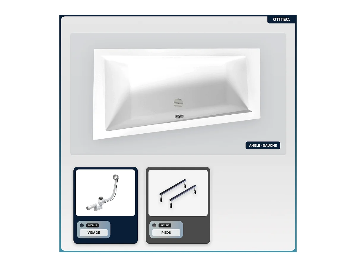 Baignoire asymétrique - 160 x 90 cm - Gauche - sans Habillage - avec Pieds - Vidage Chrome - INTIMA SLIM