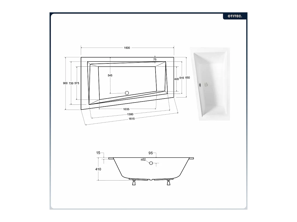 Baignoire asymétrique - 160 x 90 cm - Gauche - sans Habillage - avec Pieds - Vidage Chrome - INTIMA SLIM