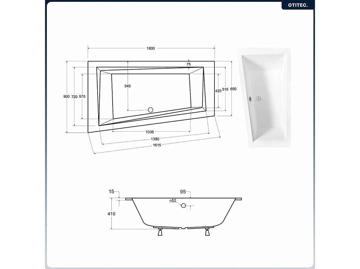 Baignoire asymétrique - 160 x 90 cm - Gauche - sans Habillage - avec Pieds - Vidage Chrome - INTIMA SLIM