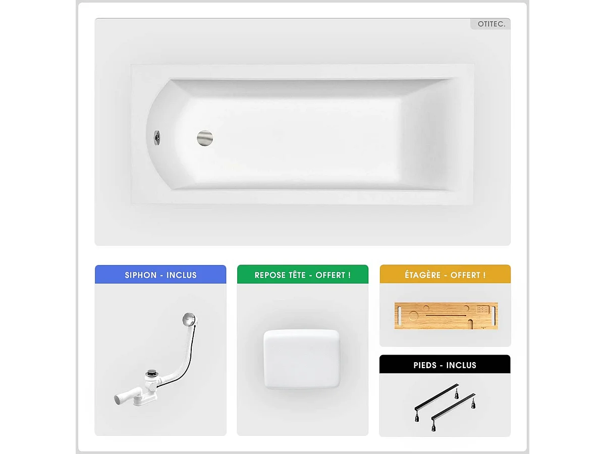 Baignoire rectangulaire - 180 x 80 cm - sans Habillage - avec Pieds - Repose-tête - Étagère bambou - Vidage Chrome - SHEA