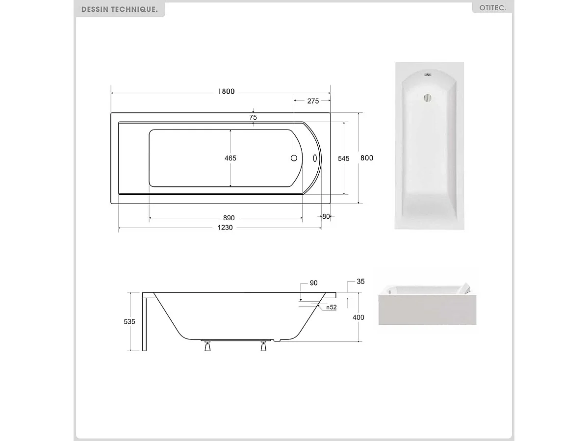 Baignoire rectangulaire - 180 x 80 cm - sans Habillage - avec Pieds - Repose-tête - Étagère bambou - Vidage Chrome - SHEA