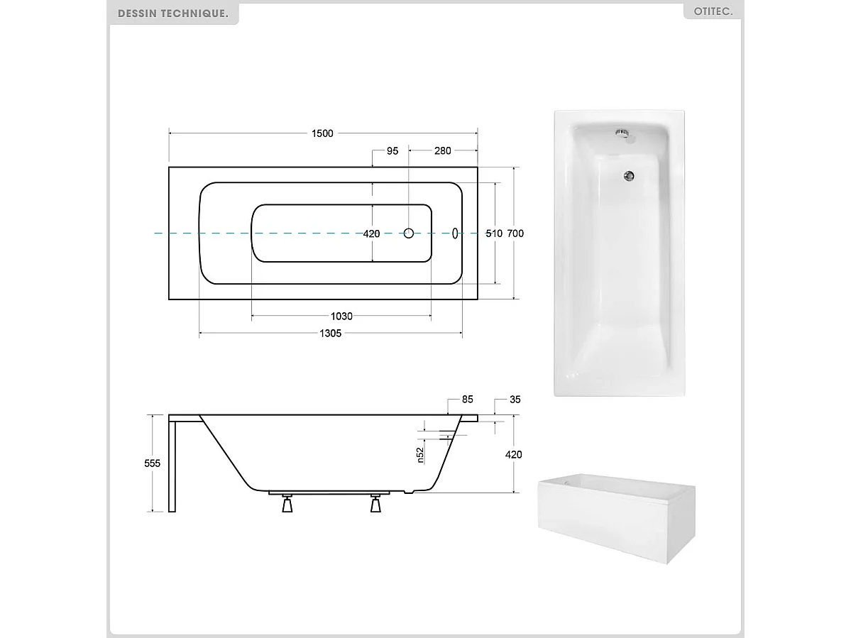 Baignoire rectangulaire - 150 x 70 cm - avec Habillage Polystyrène - Pieds - Vidage Chrome - TALIA