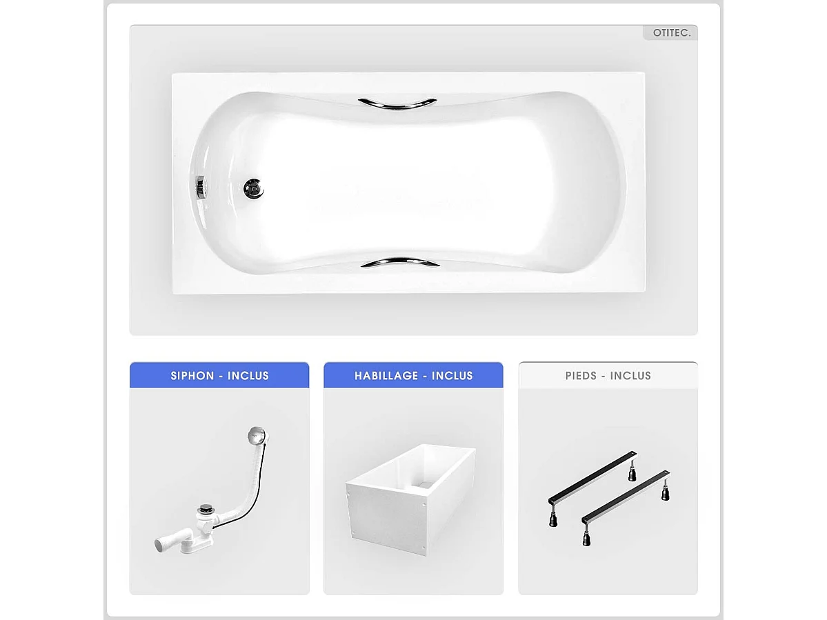 Baignoire rectangulaire - 150 x 70 cm - avec Habillage Polystyrène - Pieds - Poignées - Vidage Chrome - ARIA PLUS