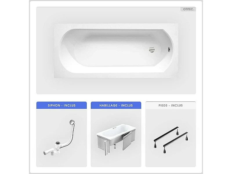 Baignoire rectangulaire - 170 x 75 cm - avec Habillage - Pieds - Vidage Chrome - INTRICA SLIM