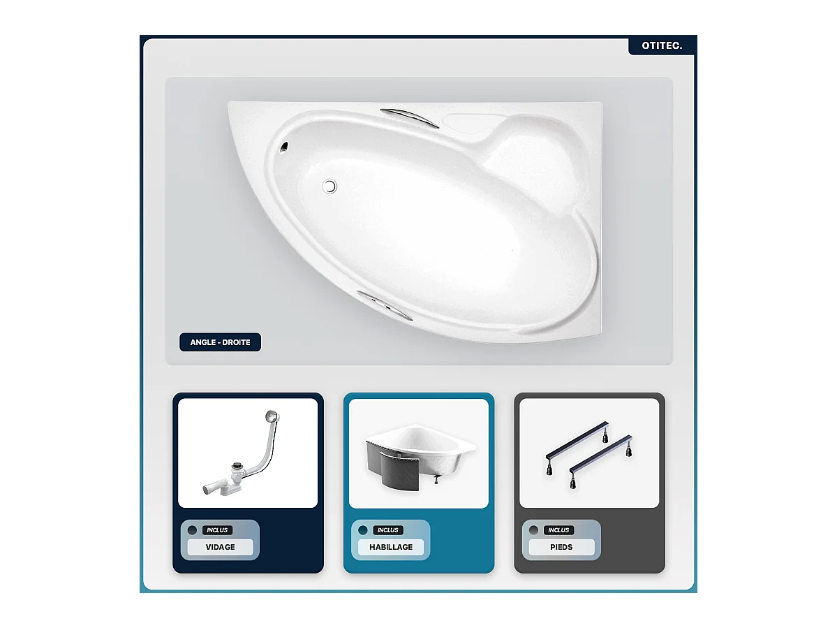 Baignoire asymétrique - 150 x 95 cm - Gauche - avec Habillage - Pieds - Vidage Chrome - BIANKA