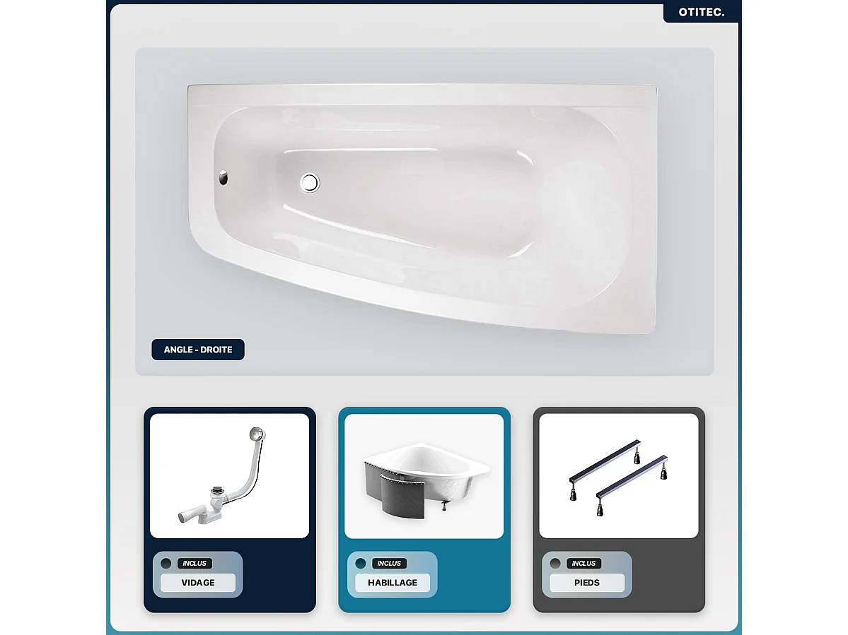 Baignoire asymétrique - 150 x 80 cm - Droite - avec Habillage - Pieds - Vidage Chrome - LUNA