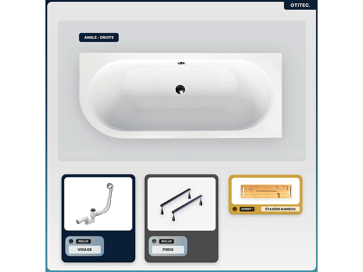 Baignoire asymétrique - 170 x 75 cm - Droite - sans Habillage - avec Pieds - Étagère bambou - Vidage Chrome - AVITA