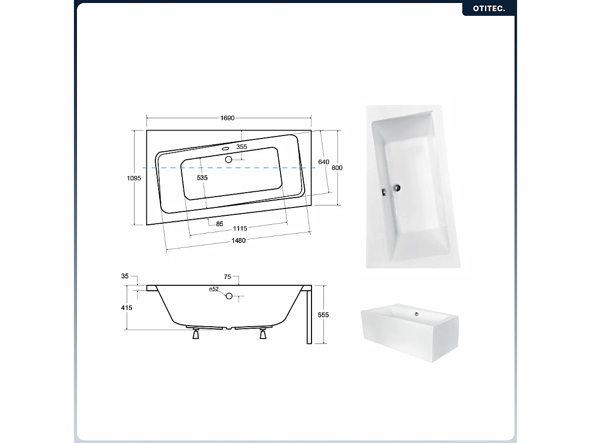 Baignoire asymétrique - 170 x 110 cm - Gauche - sans Habillage - avec Pieds - Vidage Chrome - INFINITY