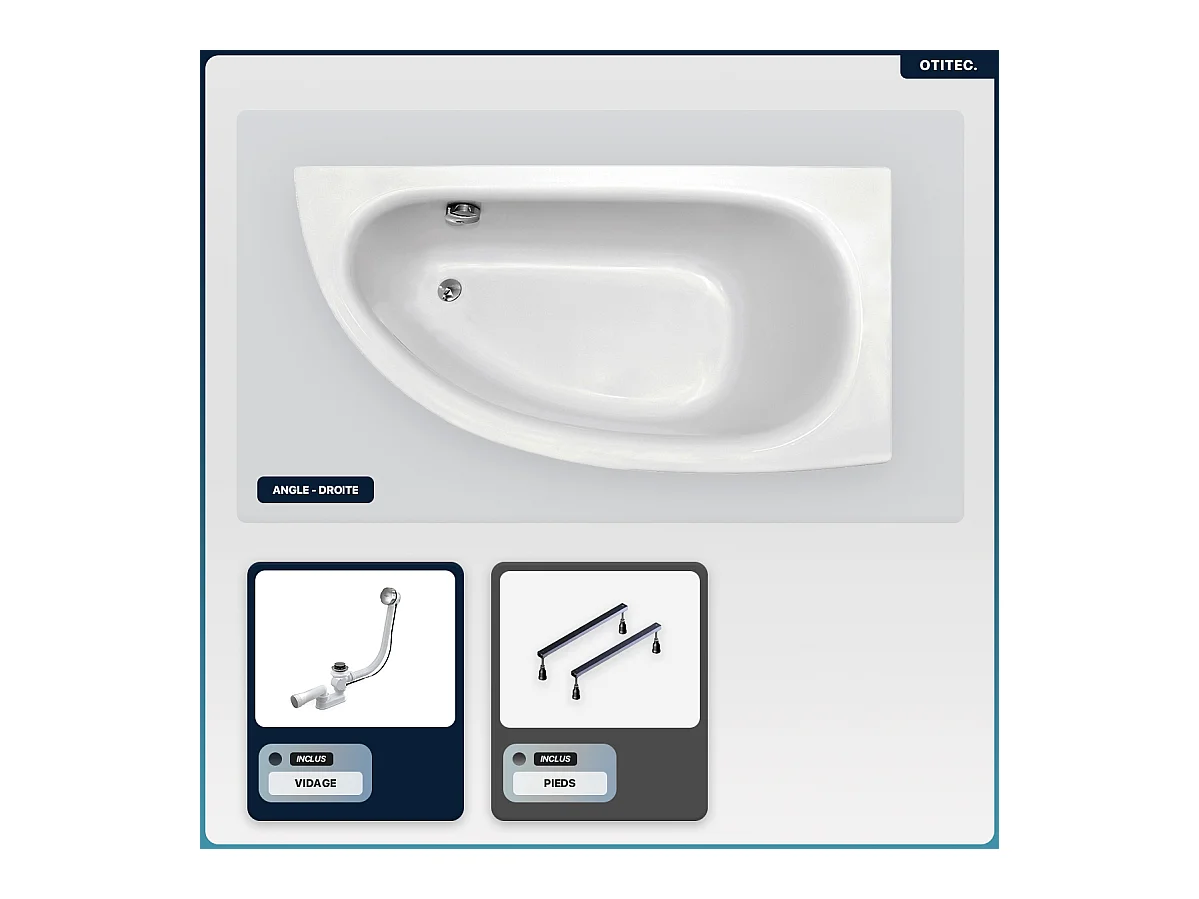 Baignoire asymétrique - 150 x 70 cm - Droite - sans Habillage - avec Pieds - Vidage Chrome - MILENA