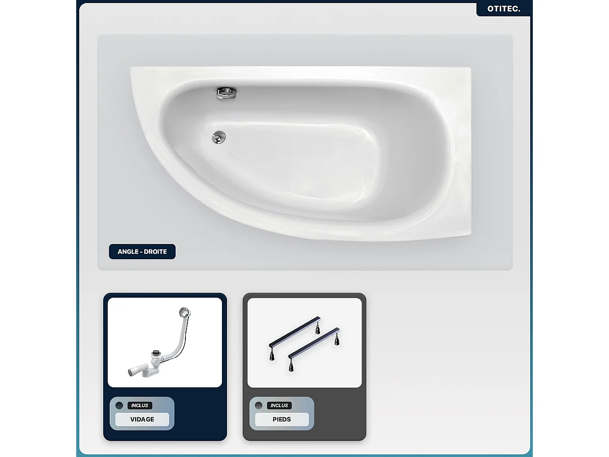 Baignoire asymétrique - 150 x 70 cm - Droite - sans Habillage - avec Pieds - Vidage Chrome - MILENA