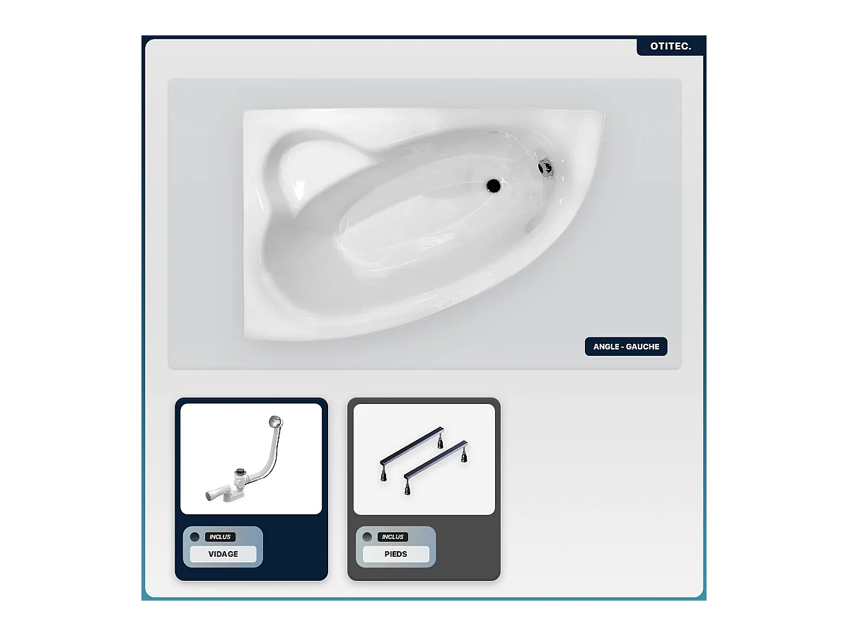 Baignoire asymétrique - 150 x 100 cm - Gauche - sans Habillage - avec Pieds - Poignées - Repose-tête - Vidage Chrome - NATALIA PREMIUM